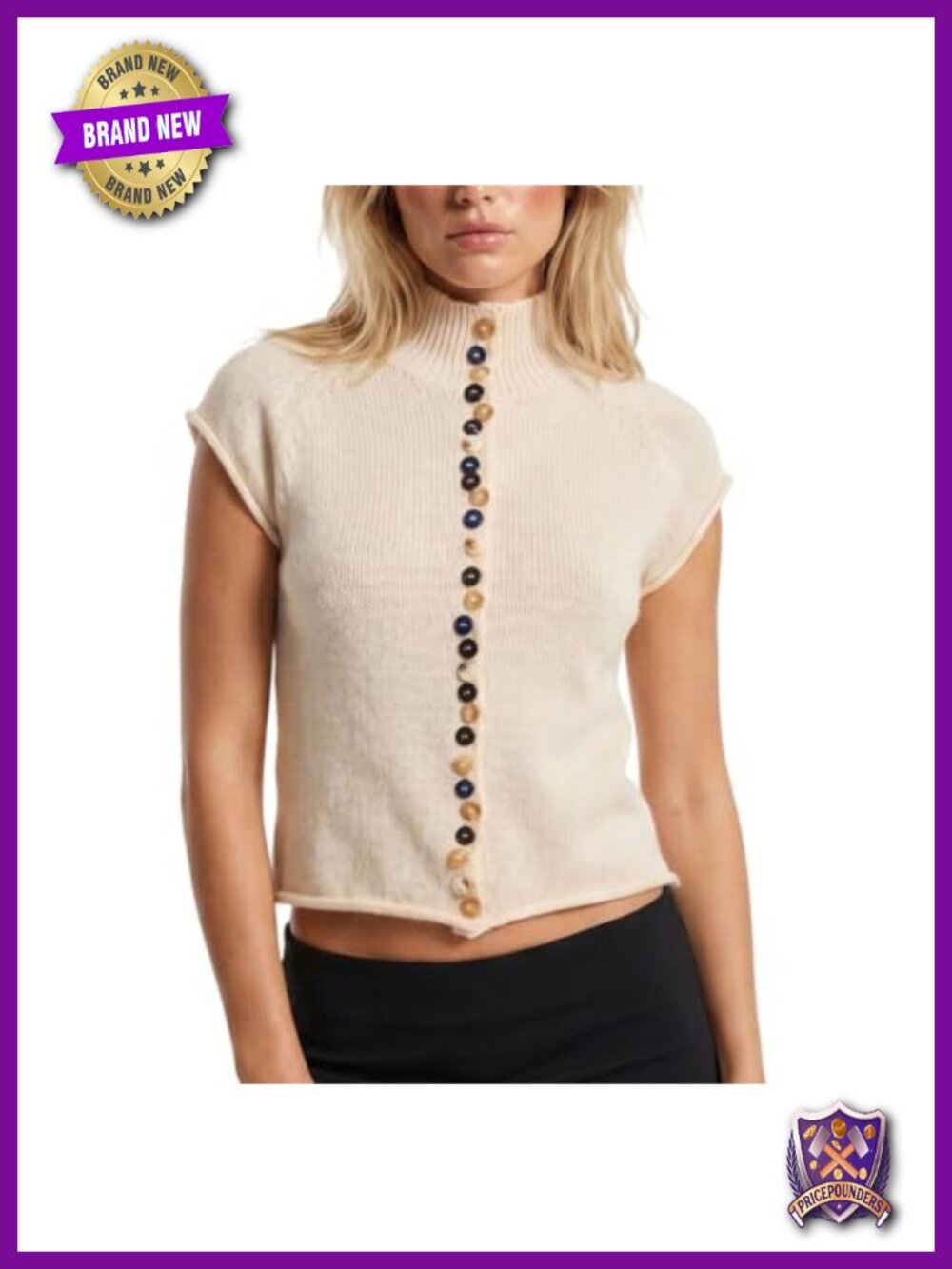 Women Short Sleeve Mock Neck Button Front Knit Cardigan Sweater